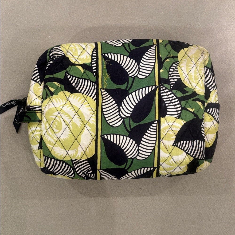 Vera Bradley La Neon Rose Make Up Lined Zippered Travel Bag Green Black Leaves